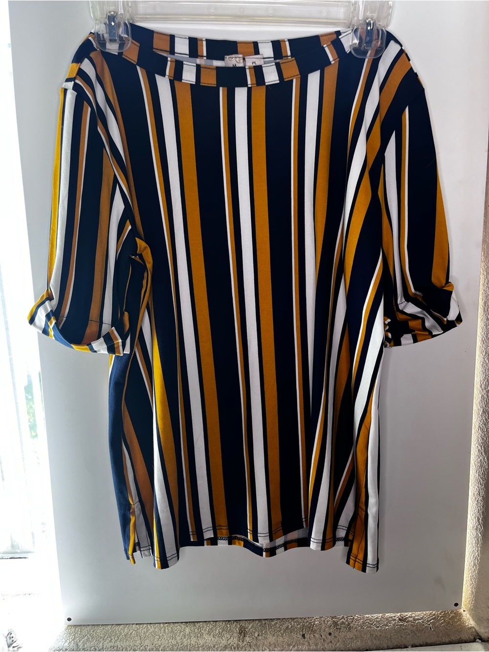 Misia Vertical Stripe Short Sleeve Top in Navy, Mustard & White
